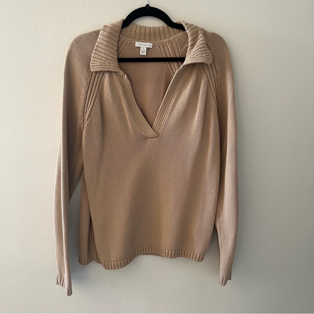 Vintage Charter Club Cotton V Neck Collared Sweater in Tan